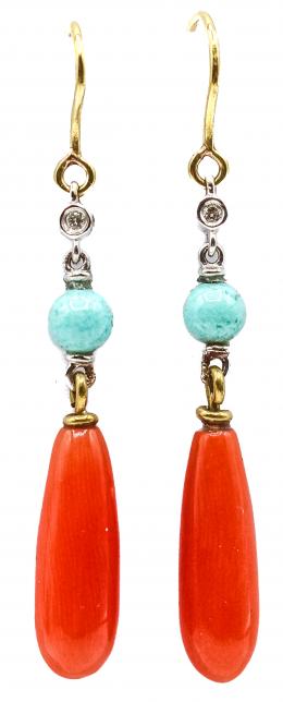 183  -  PENDIENTES LARGOS CON BRILLANTE, CORAL Y TURQUESA