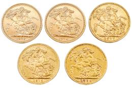 421  -  CINCO MONEDAS INGLESAS DE ORO