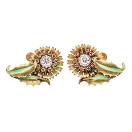 254  -  PENDIENTES FLOR CON DIAMANTES, DE LOS AÑOS 40