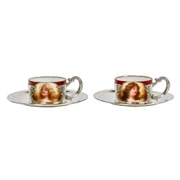 745  -  PAREJA DE TAZAS EN PLATA Y PORCELANA AUSTRIACA