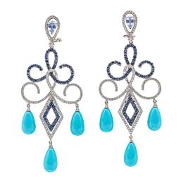 129  -  PENDIENTES CHANDELIERE CON BRILLANTES Y TURQUESAS