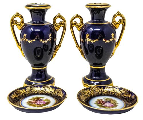 PAREJA DE PEQUEÑOS JARRONES Y PLATITOS DE PORCELANA LIMOGES