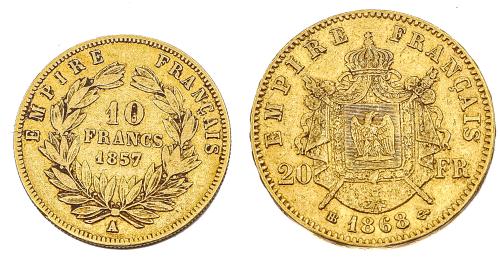 DOS MONEDAS DE ORO FRANCESAS NAPOLEÓN III