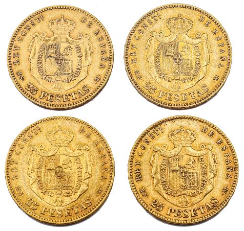 CUATRO MONEDAS DE ORO DE 25 PESETAS