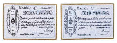 GEMELOS "BILLETE DE LOTERIA" DE 3 DE ABRIL 1875