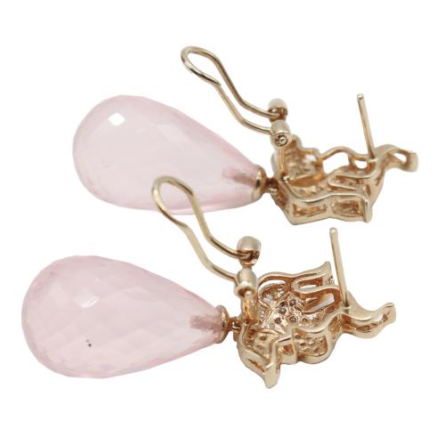 PENDIENTES LARGOS CON BRILLANTES Y CUARZO ROSA