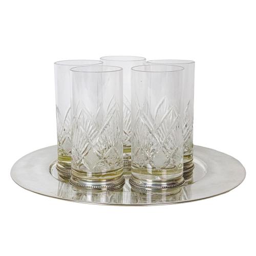 CINCO VASOS DE CRISTAL Y PLATA DE LOS AÑOS 70