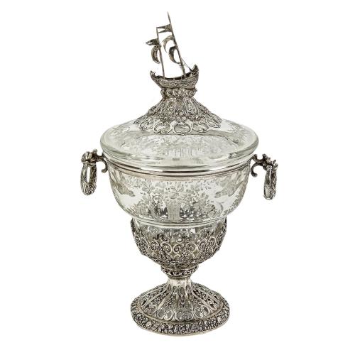 COPA DECORATIVA DE CRISTAL Y PLATA DEL PRIMER TERCIO  S. XX